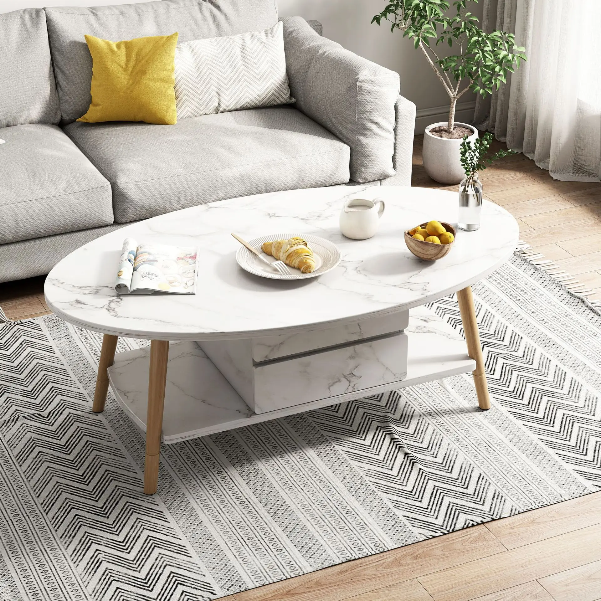 Tea table marbled Nordic coffee solid wood leg home creative tea table