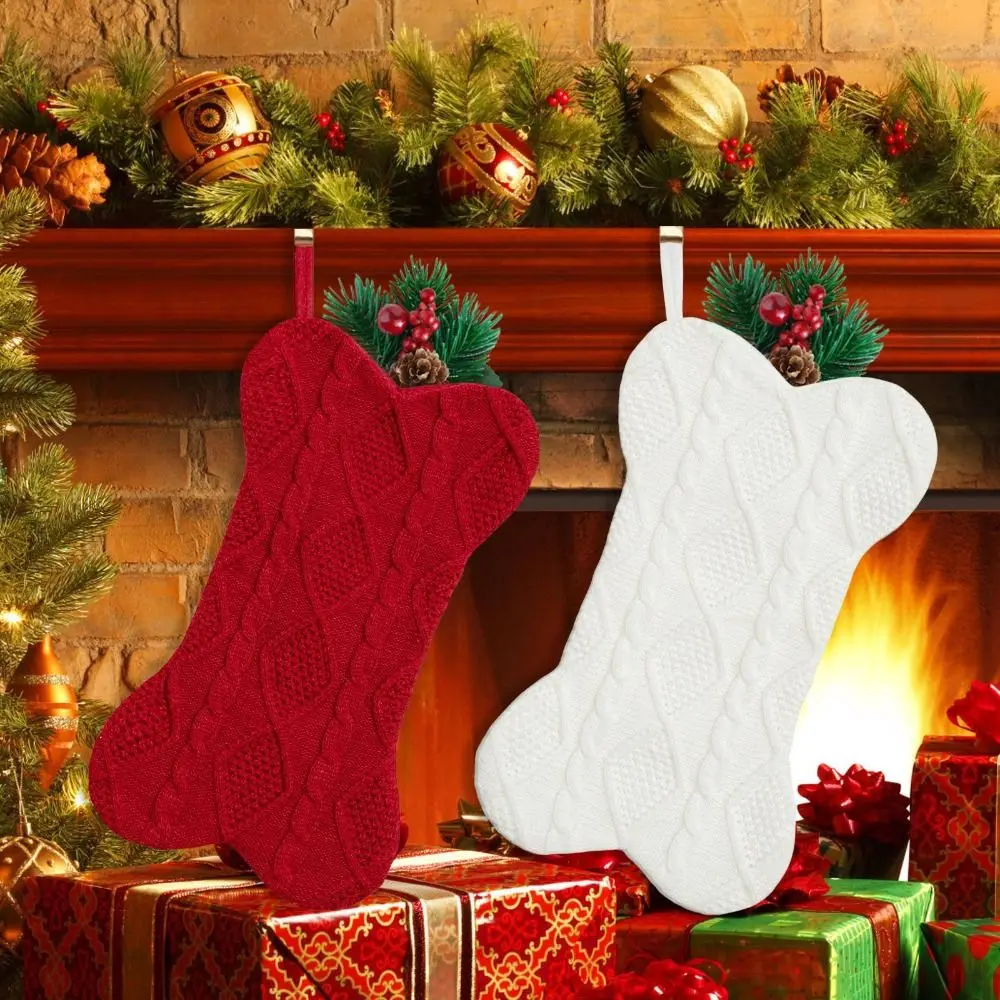 

Large Capacity Bone Shaped Knitted Sock Exquisite Festival Red Christmas Sock Thickened Christmas Tree Hanging Stocking