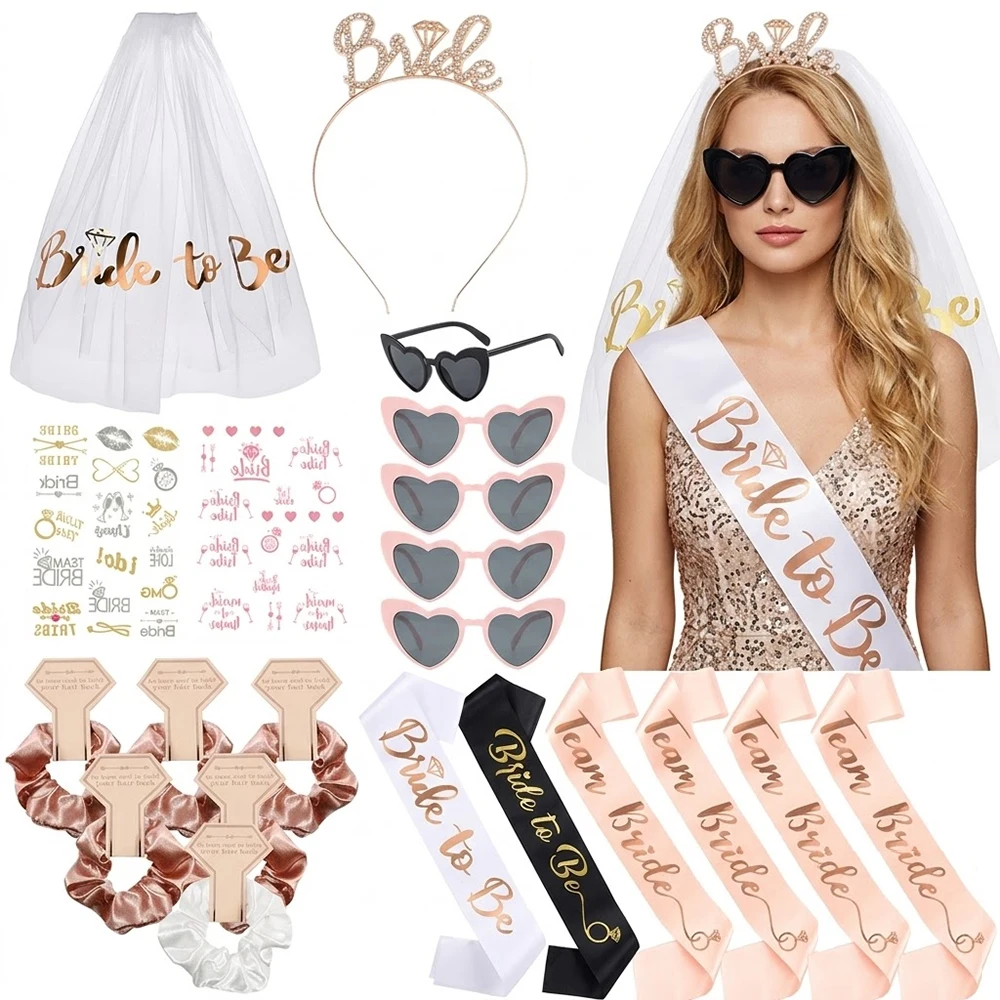 Rose Gold Bachelorette Party Decor Kit Bride To Be Veil Sash Tiara Heart Sunglasses Team Bride Hen Party Bridal Shower Supplies - view 2