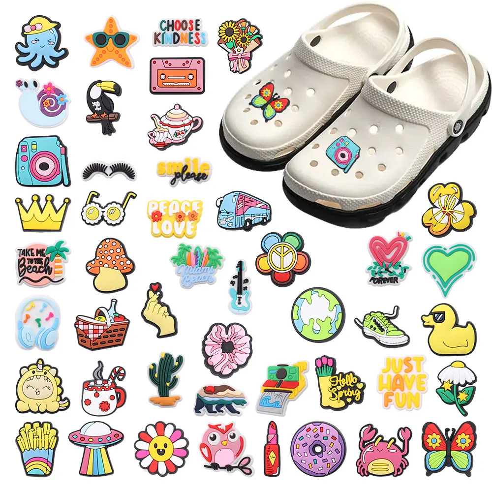 1-47PCS Peace Love Kindness Beach Have Fun Flower Camera PVC Shoe Charms Hole Slipper Accessories Sandals Decoration for Bands