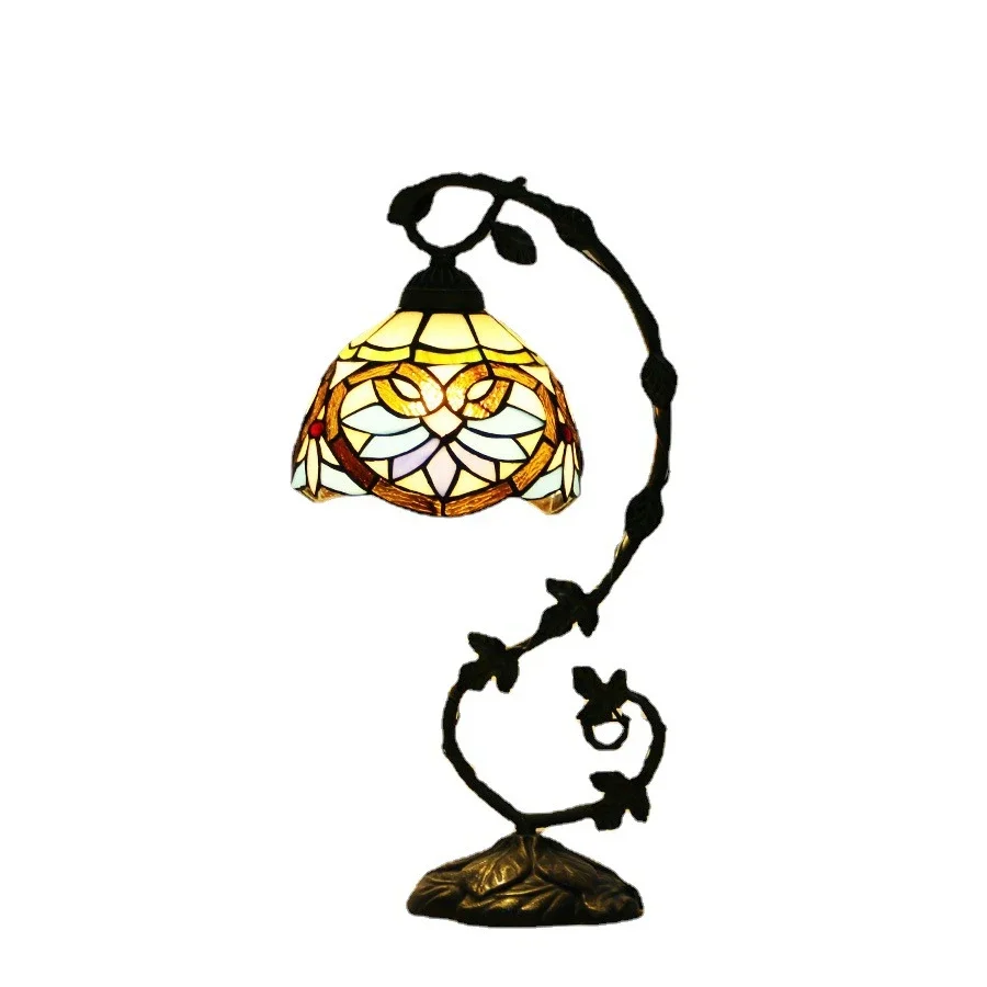 Lâmpada de mesa vintage Tiffany com sombra de vidro manchado de 8 polegadas e 20 cm