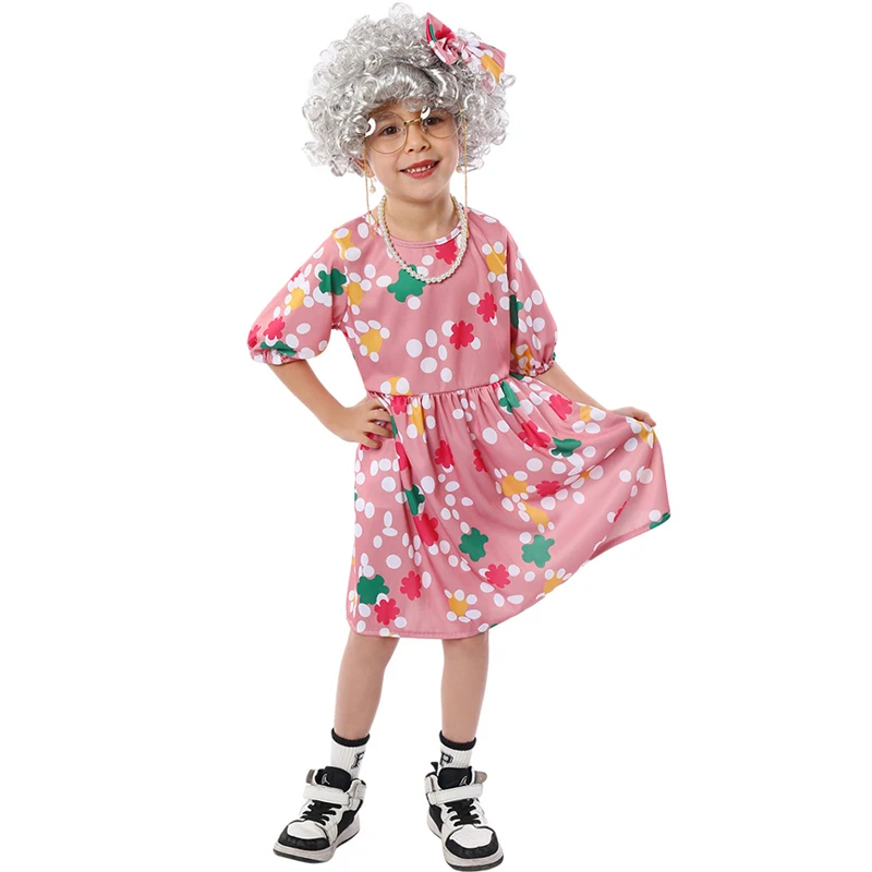 Bambini bambini nonna Costume Cosplay Old Lady Fantasy Dress parrucca Cane abiti Halloween Carnival Party Stage Performance Suits