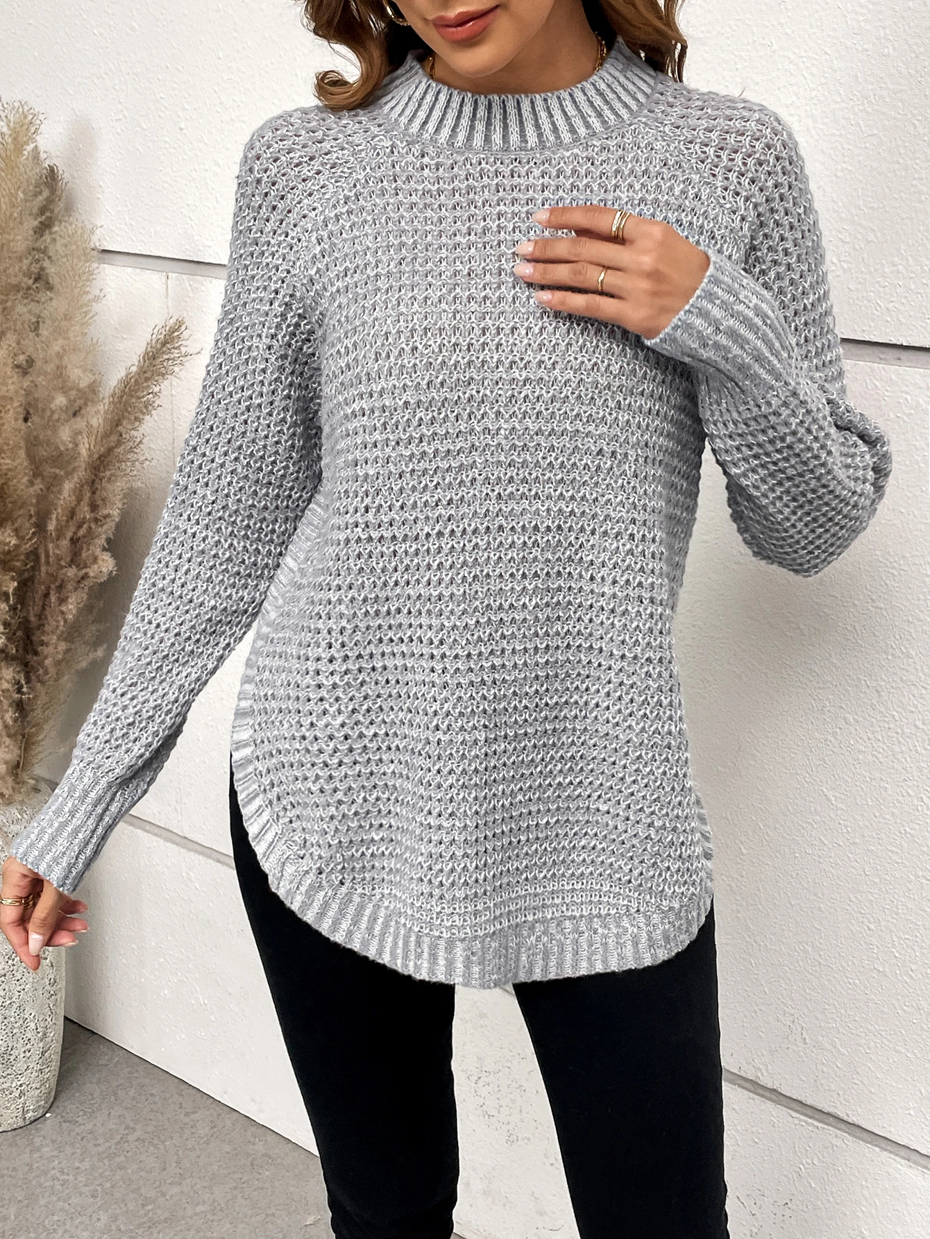 Pullover Sweater For Women Jumper Tops Solid Raglan Sleeve Curved Hem Sweater Round Neck