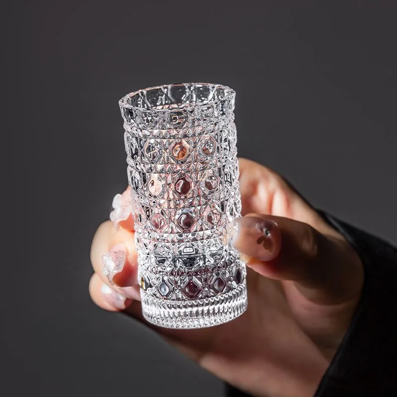 Thickened Glass Mini Water Cup Set Luxury Transparent Embossed Pattern Wine Ice Water Small  Drinking Glass Cup Coffee Drinkware