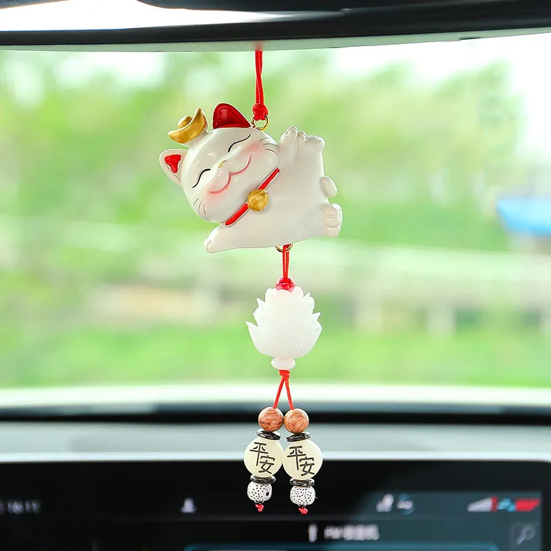 Side Sleeping Lucky Cat Car Decor for Women Blessing Rearview Mirror Bells Tassel Hanging Pendant Cute Car Accessories Interior