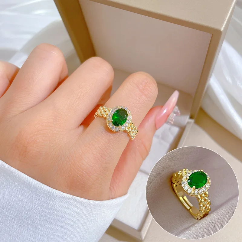 New luxury watch chain with gold-plated emerald green opening adjustable ring, ladies' Valentine's Day jewelry gift