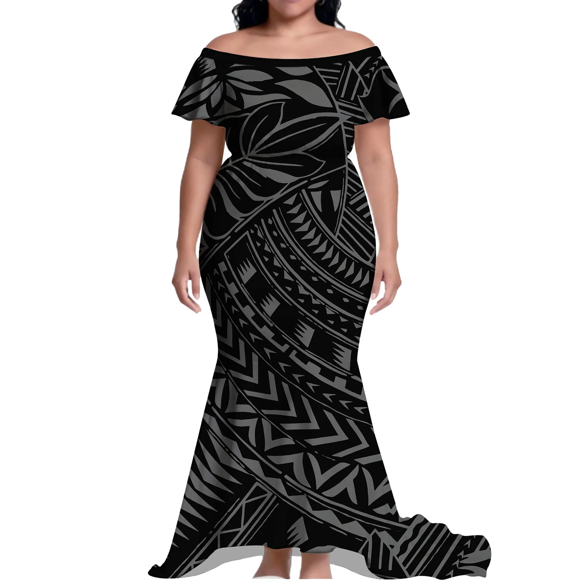 فستان صيفي مريح بكتف واحد وذيل السمكة طويل بطول الأرض فستان نسائي نمط مخصص بولينيزي #3