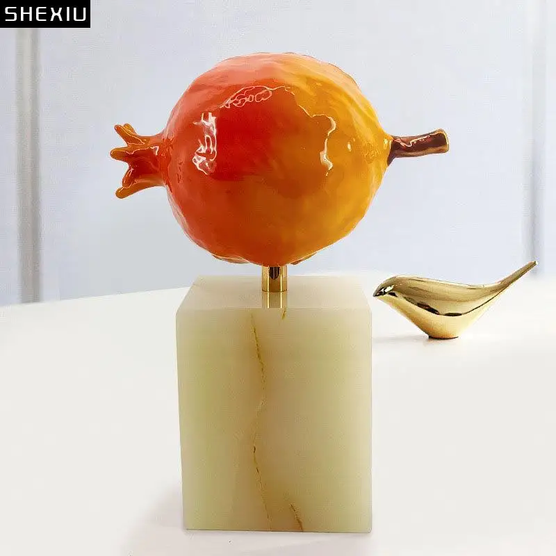 Simulation Pomegranate Gold-plated Statue Marble Base Desk Decoration Pomegranate Sculpture Room Aesthetic Decor Ornaments