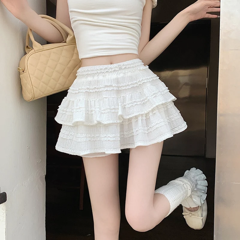 Summer High Waist A Line Cake Skirts Women Korean Y2K Lace Ruffles Mini Skirt Woman 2026 Sweet Puff Ballet Short Skirts Female