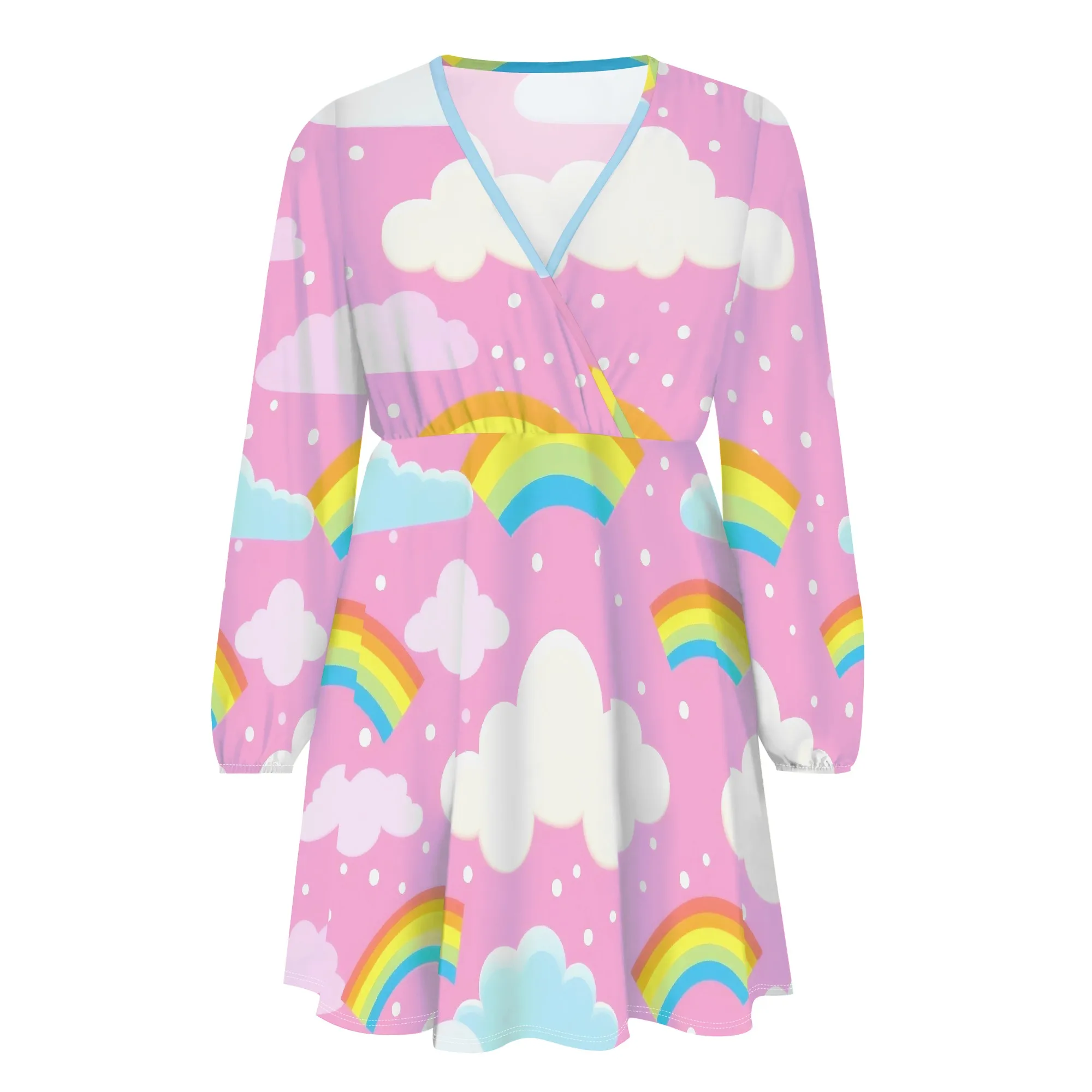 

Cute Cartoon Rainbow Cloud Mini Dress for Women 2025 V Neck Long Sleeve Kawaii Style Casual Short Dress S-3XL