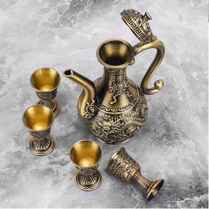 6 Pcs set Dragon and Phoenix Wine Set Tea Pot Home Party Decorative With 4 Cup Set Coffee Tea Serving Pot With Round Shaped Tray