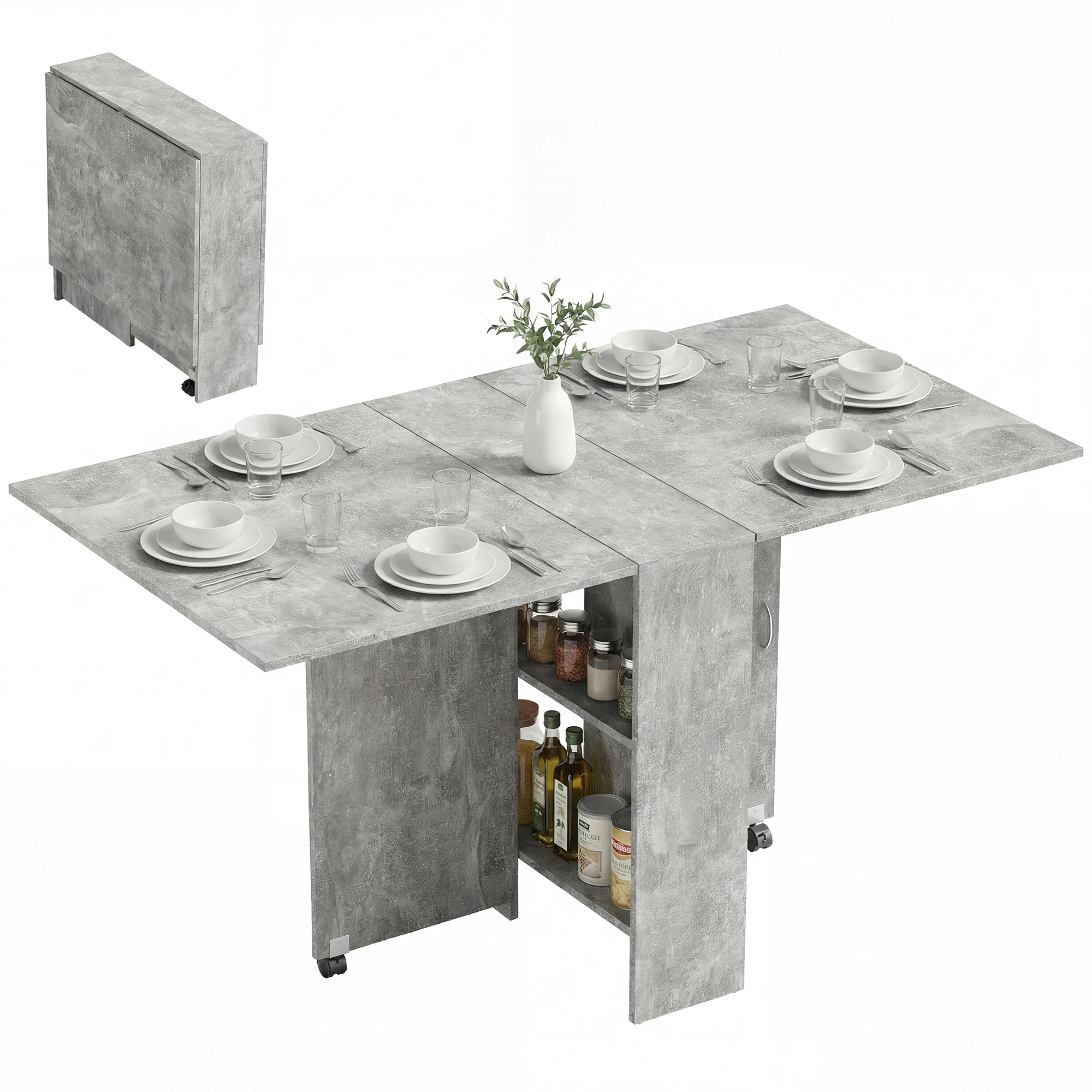 Tavolo pieghevole HOMCOM da cucina rimovibile con ruote 75L x 140L x 74H cm, 2 ripiani integrati per bevande