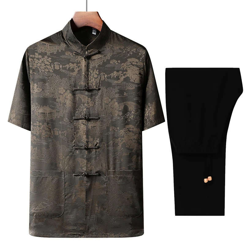 ice-silk-short-sleeve-men's-suit-chinese-style-lightweight-summer-casual-loose-fit-knitted-fabric-floral-pattern-tunic-top