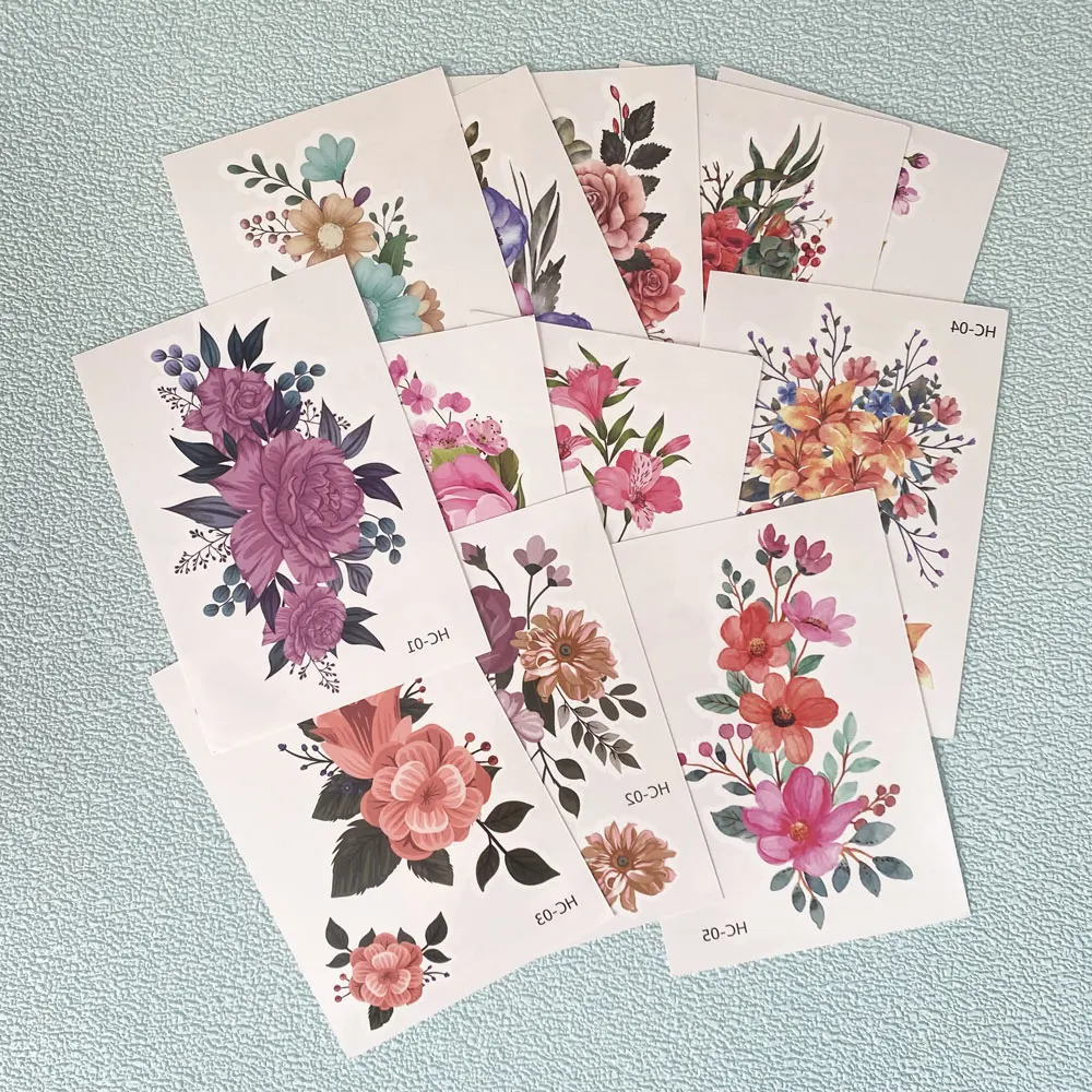 12Pcs Color Flower Tattoo Stickers for Women Hand Arm Chest Body Art Waterproof Temporary Tattoos Disposable Floral Fake Tattoo