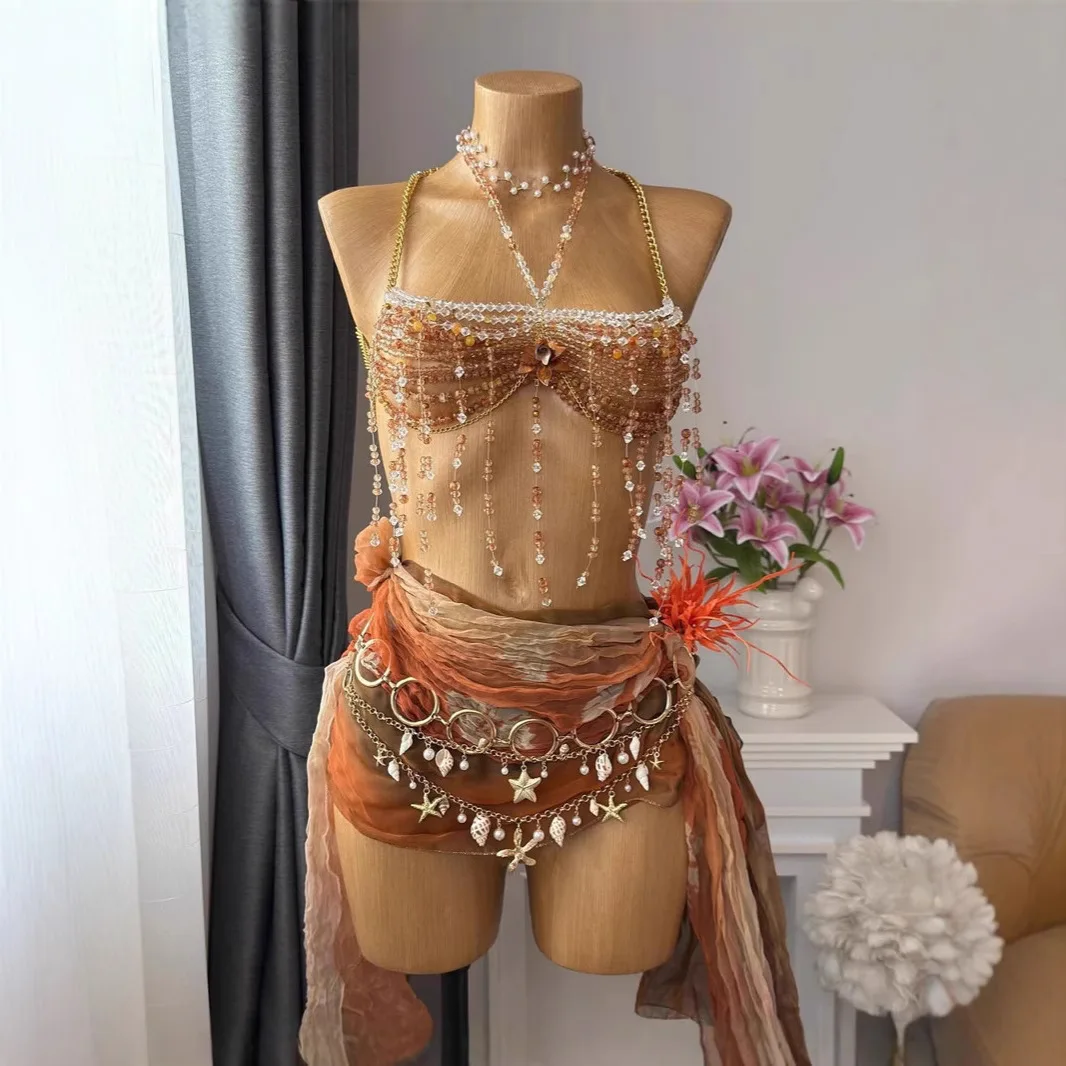 

Crystal Beaded Body Chain Bra Top with Brown Gradient Tassels Handmade Festival Rave Outfit Statement Costume for Party Show