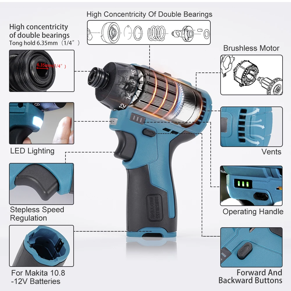 12V Brushless Electric Screwdriver Cordless Impact Drill Adjust Torque Rechargeable Hand Driver Wrench Tool For Makita Battery