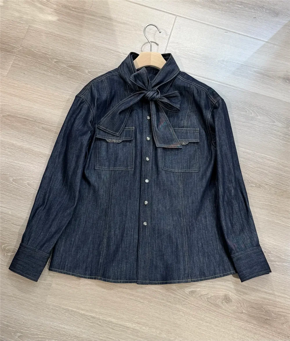 

Ladies Autumn New Ribbon Denim Shirt Beaded Long Sleeves Denim Jacke Top