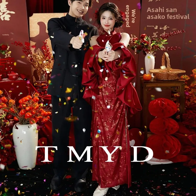 

Красное свадебное длинное вечернее платье для женщин, винтажное, в китайском стиле, на заказ, для свадебной церемонии, церемонии подношения вина, роба