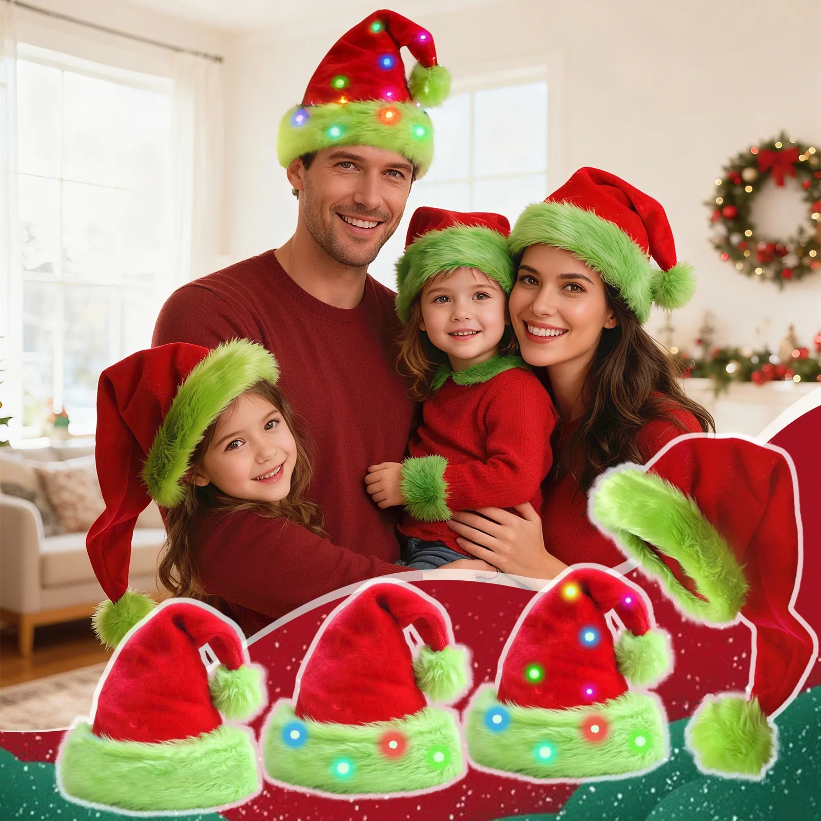 

Christmas Green and Red Holiday Party Decorative Accessories for Adults and Children Fashion Plush Santa Cosplay Hats