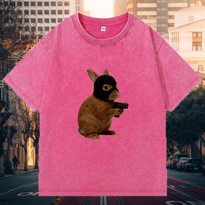 

Unisex Washed Vintage Cotton T-Shirt, High-street Oversized Tee Masked Bunny Print, Short Sleeve, 5 Colors Available, S-XXXL