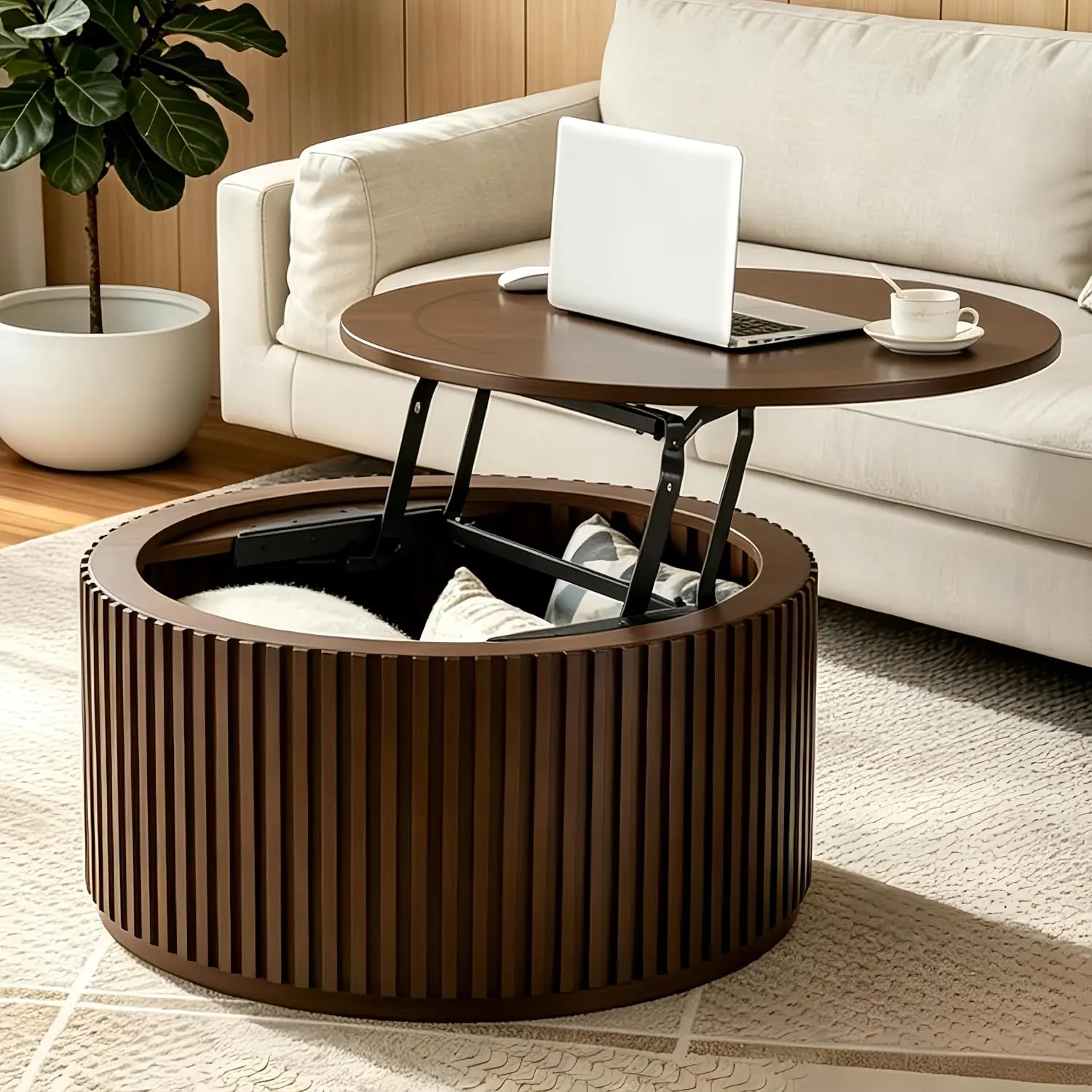Lift Top Round Coffee Table with Storage & Hidden Compartment, Wood Drum Center Table for Living Room , Customized
