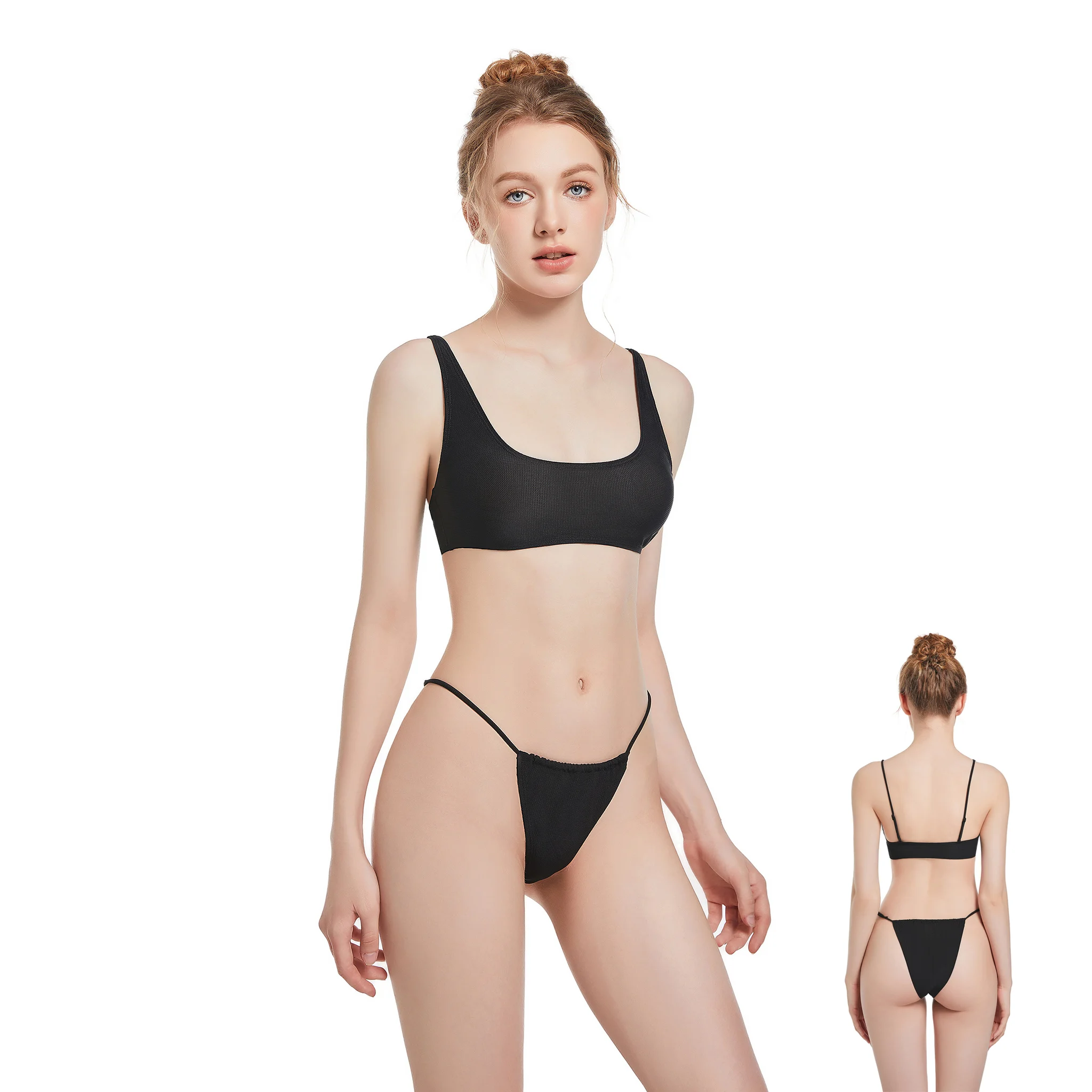 Volagor All Over Tanning Bikini Set Sun Permeable Two Piece Swimsuit Fixed Cami Top Minimalist Micro Triangle Briefs