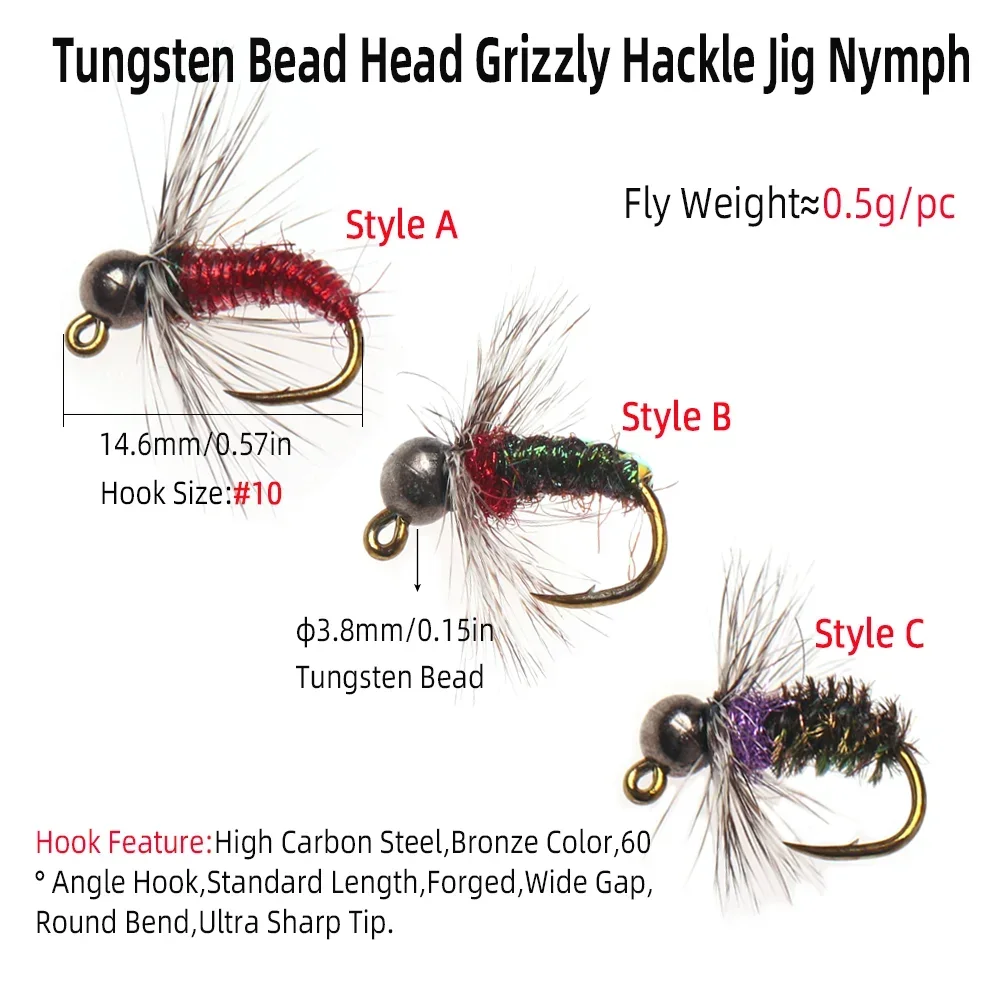 Wifreo 5pcs/6pcs Tungsten Bead Head Grizzly Hackle Jig Nymph Fly Fishing Flies Wet Euro Nymph Trout Bass Fishing Lure Baits