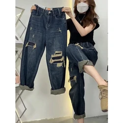 Hong Kong Winds Women Jeans Spring New Large Size Loose Fitting Hole Denim Pants Female Korean Slim High Waist Harlan Jeans Pant