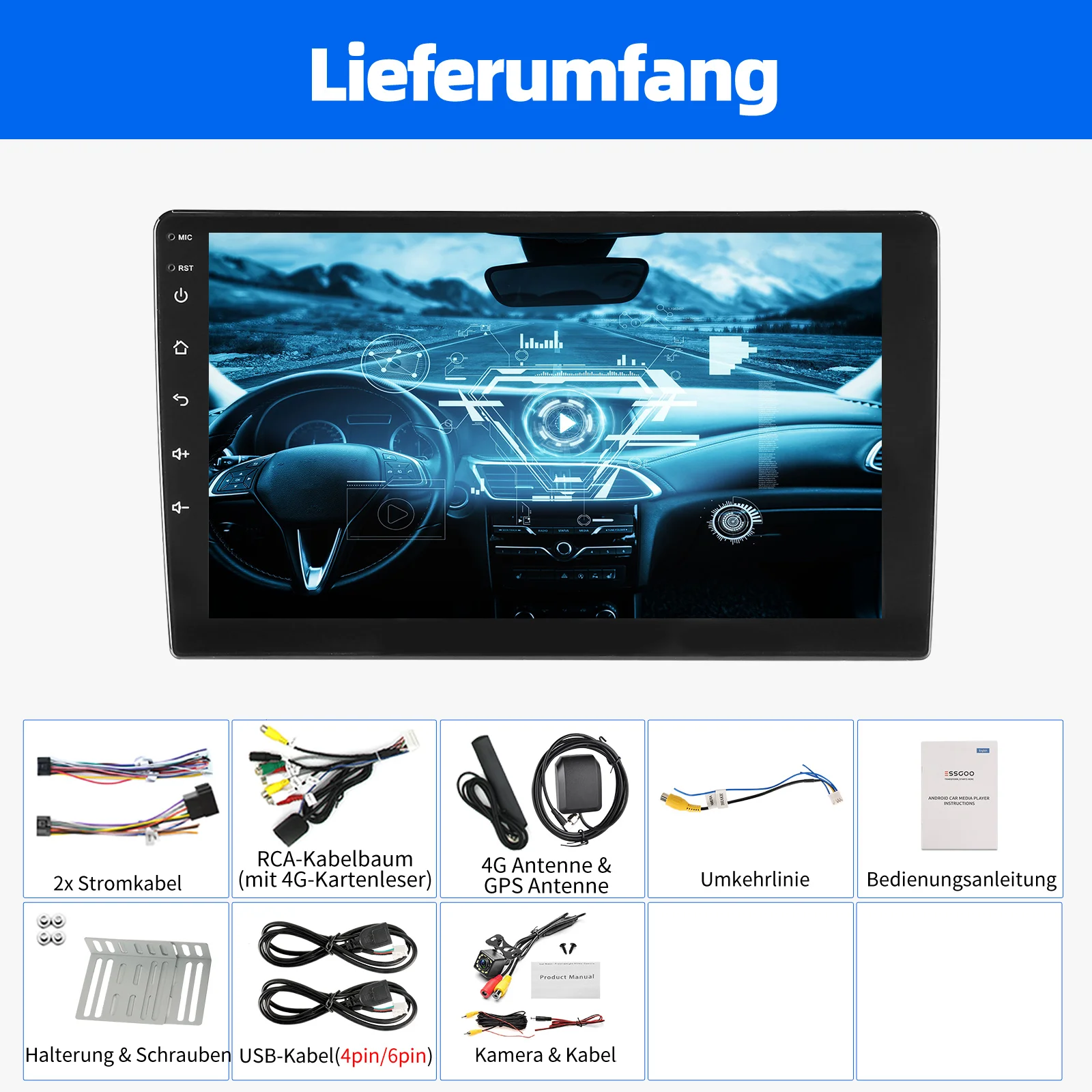 ESSGOO Android 15 Universele Autoradio 6+128G Draadloze Carplay Autoradio 2 Din Autostereo GPS BT Smart Centrale Multimedia