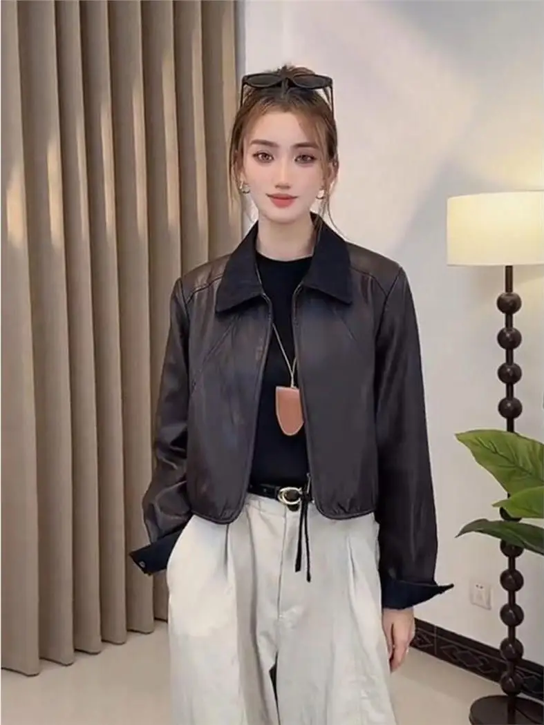 

Fashionable Short Zipper Leather Jacket Women's Collar All-Match Slimming Casual PU Leather Coat Autumn Season Style