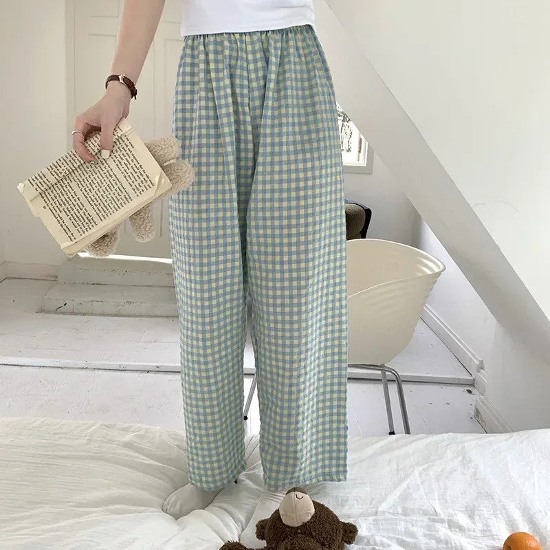 Oversized Plaid Pants Wide Leg Pant for Women Casual Loose Elastic High Waist Trousers Harajuku Female Home Clothing sweatpants