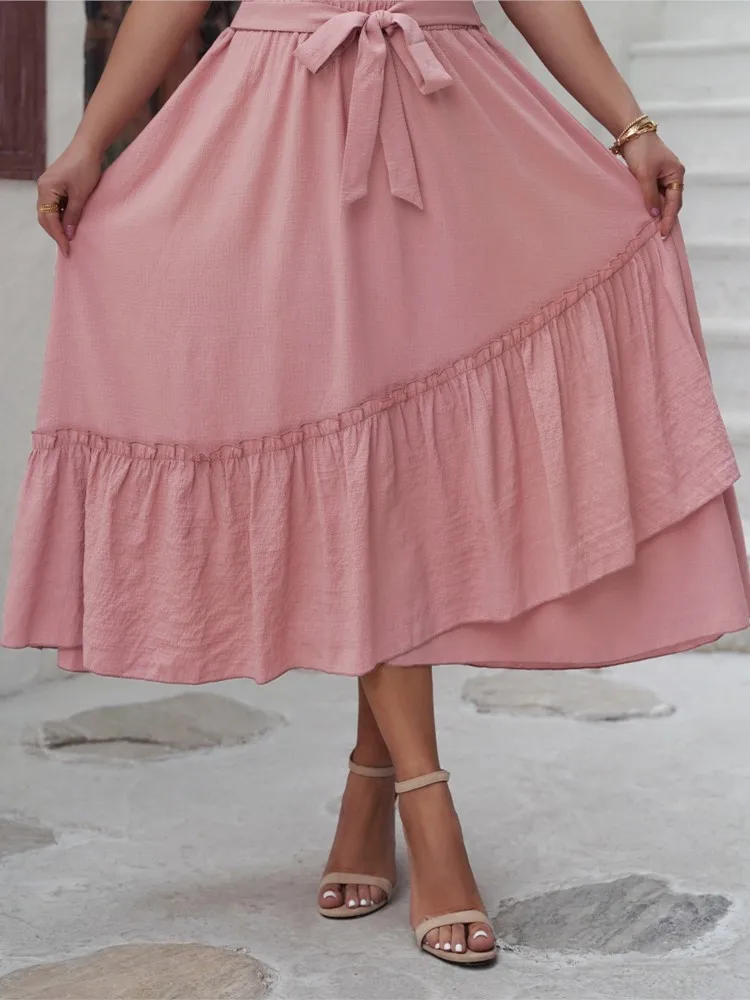 Plus Size Elastic High Waist Spring Long Pink Skirts Women Irregular Pleated Patchwork Fashion Ladies Skirts Casual Woman Skirts