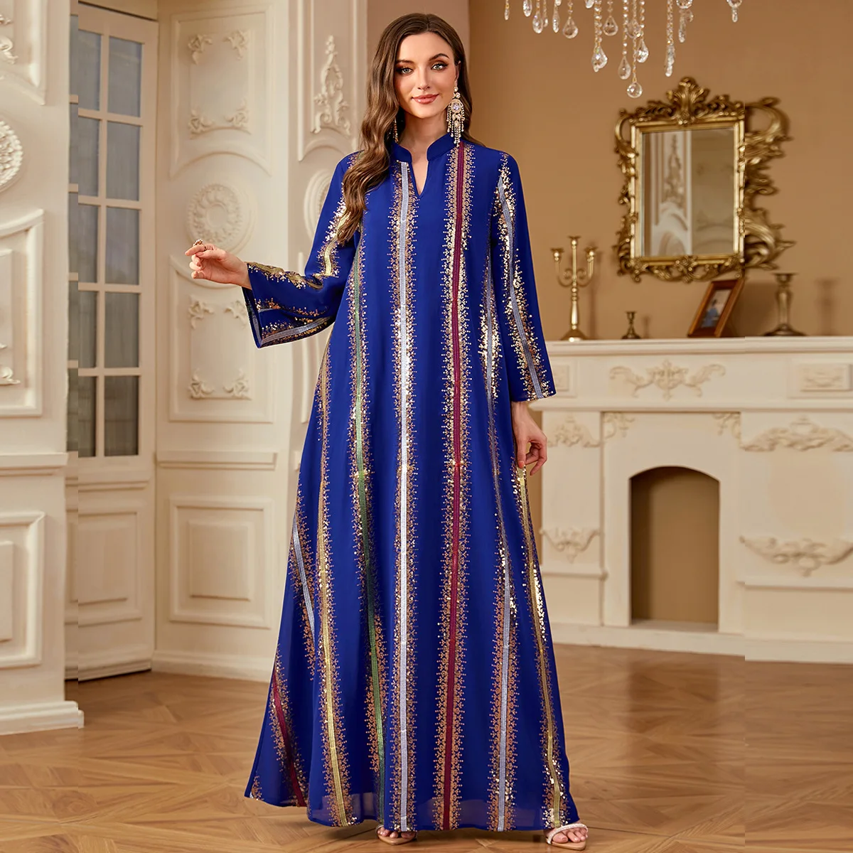 

2026 Muslim Fashion Women's Royal Blue Striped Loose Casual Trendy Simple Basic Daily Elegant Embroidered Dresses Female Abaya