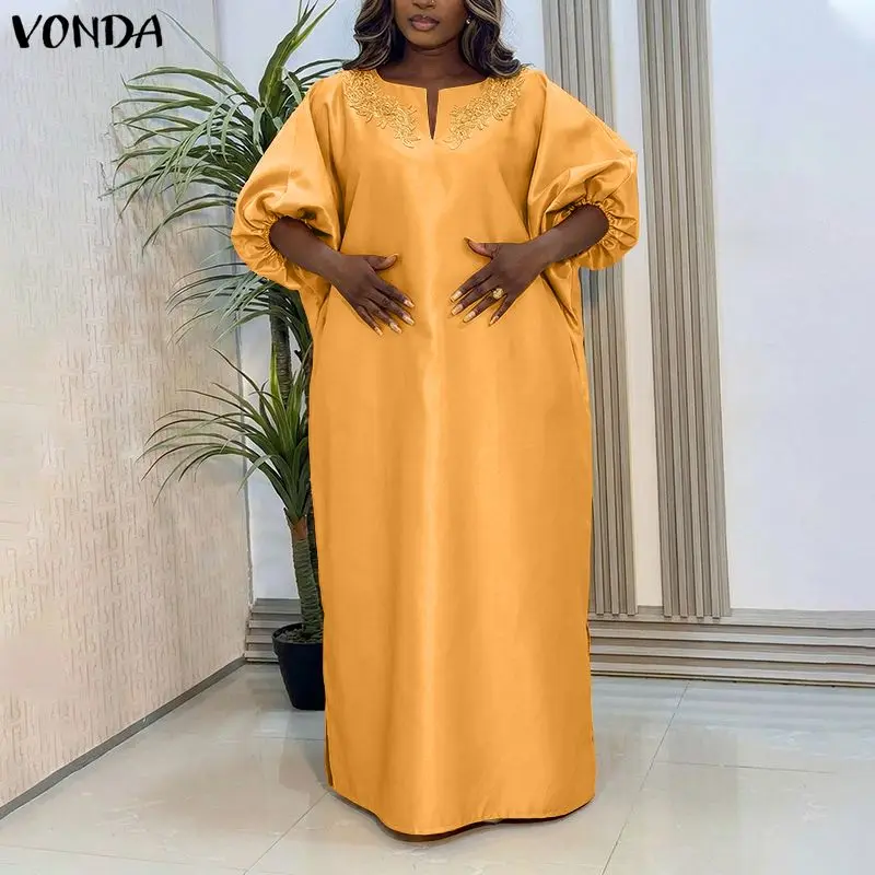 VONDA Plus Size 5XL Flower Patchwork Women Satin Dresses Elegant Puff Sleeve Maxi Vestidos 2026 V-Neck Party Evening Robe Femme