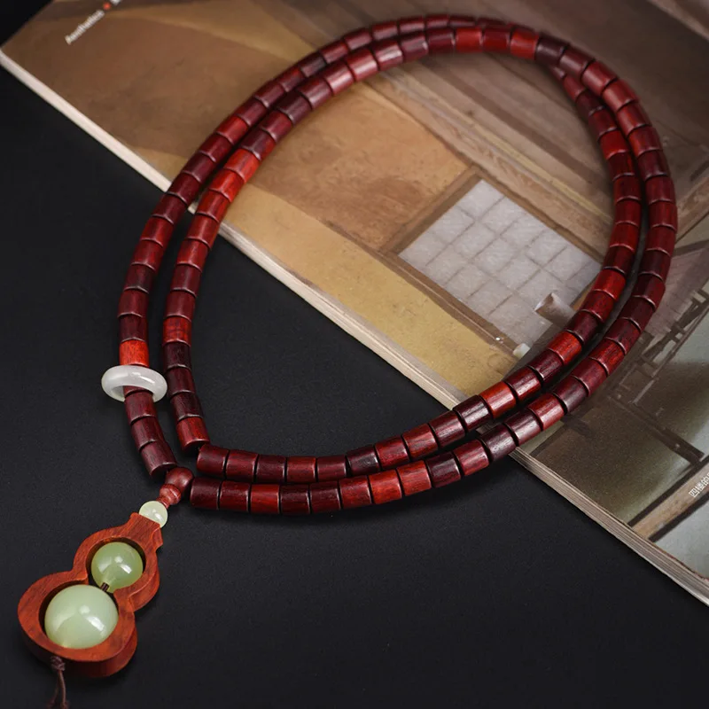 

African Padauk Barrel Bead Bracelet Necklace Mala Wooden String Prayer Beads Unisex Retro Cultural Play Jewelry Festival Gift
