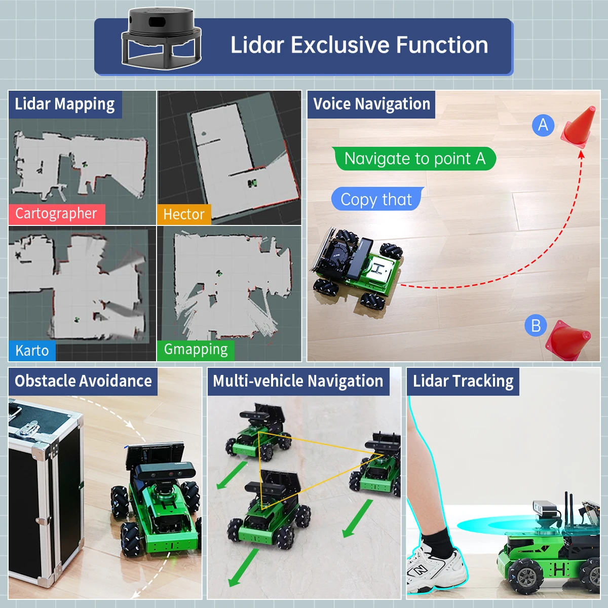 ROS2 Robot JetAuto with Lidar Depth Camera Support 3D AI Vision Recognition Tracking SLAM Mapping Navigation Autonomous Driving