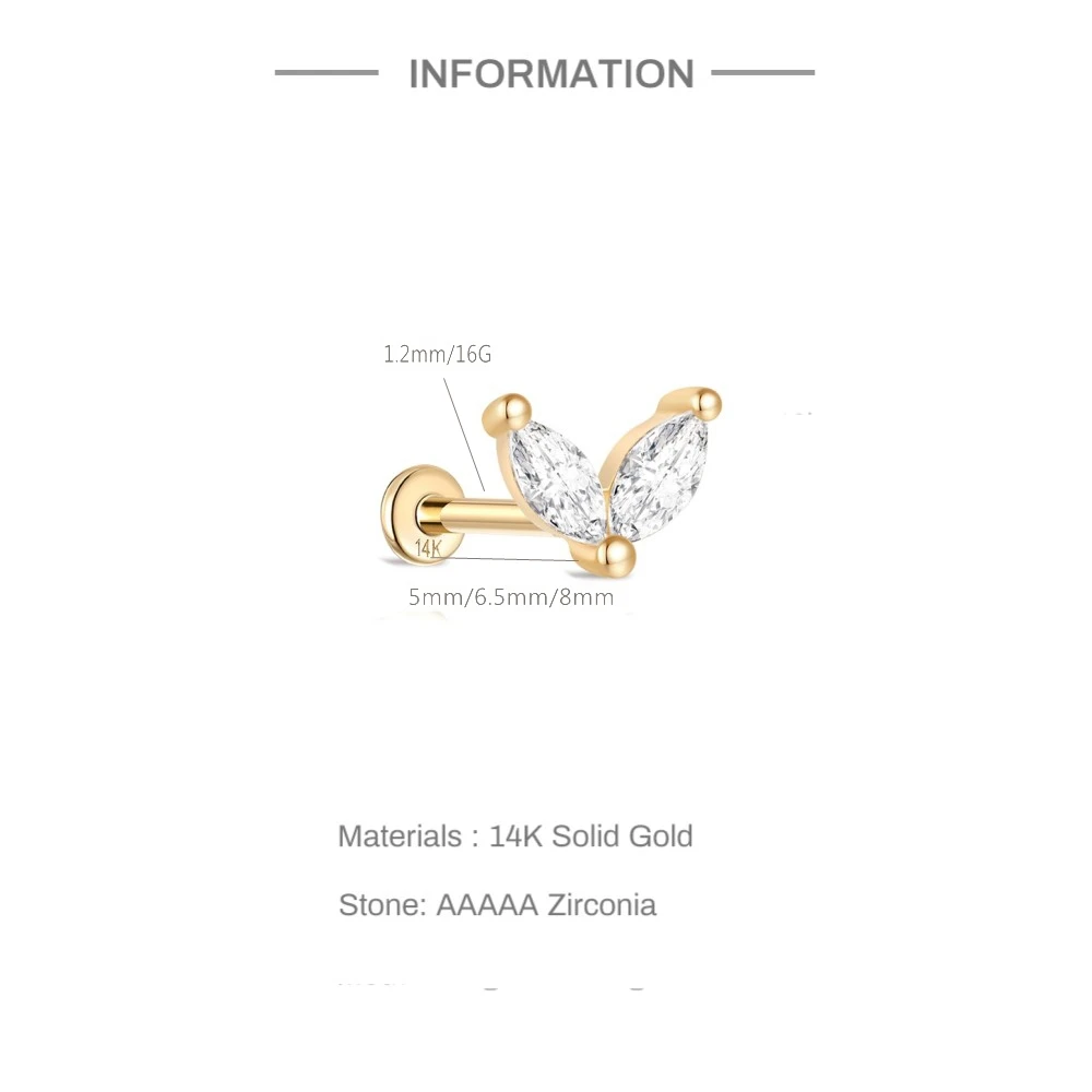 Aide 1pc Real 14K Gold Female Piercing Earrings For Women Affordable Hypoallergenic Zircon Dangle Studs Valentine's Day Gifts