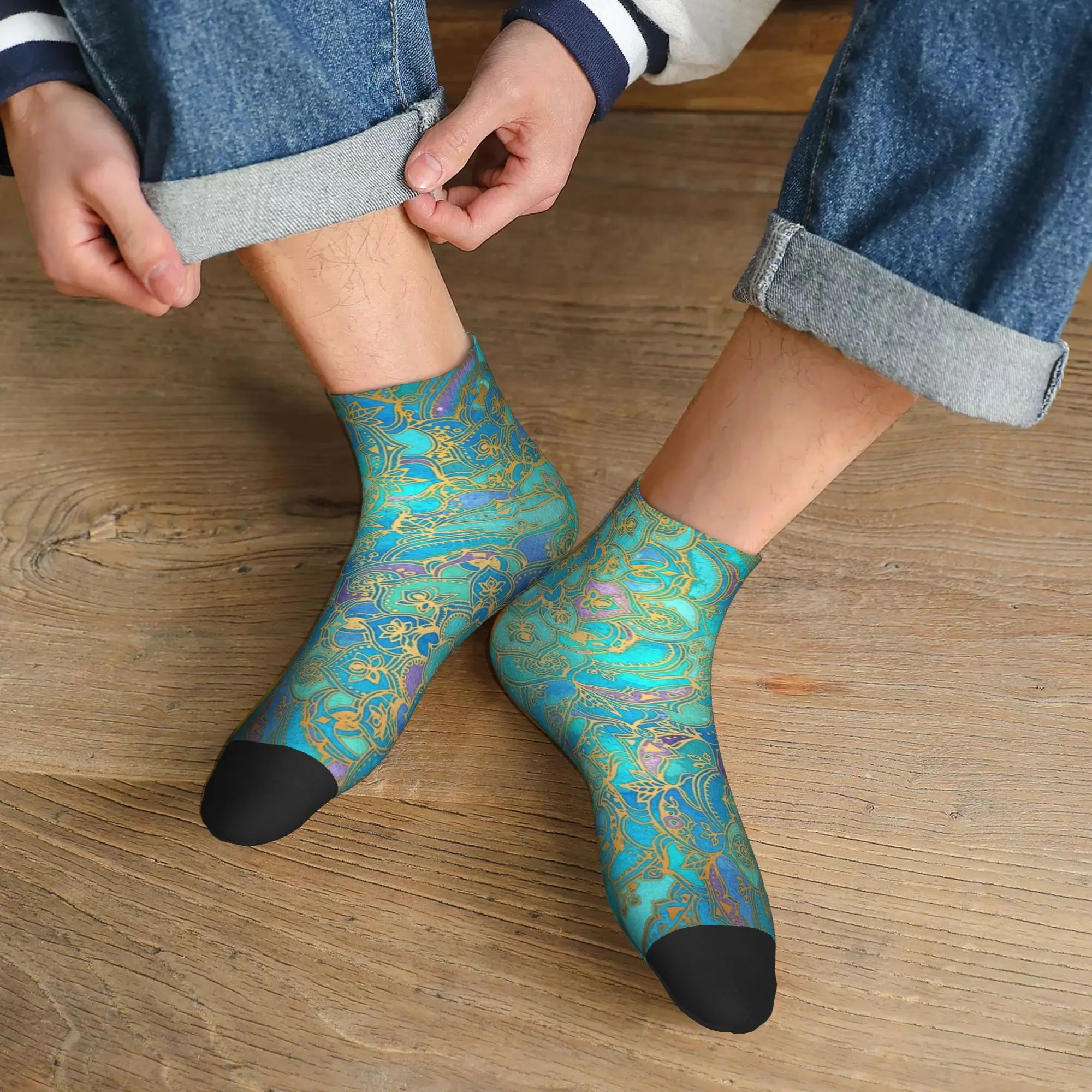 All Seasons Sapphire & Jade Stained Glass Mandalas Socks Harajuku Sport Middle Tube Socks Soft Casual Stockings for Men Women