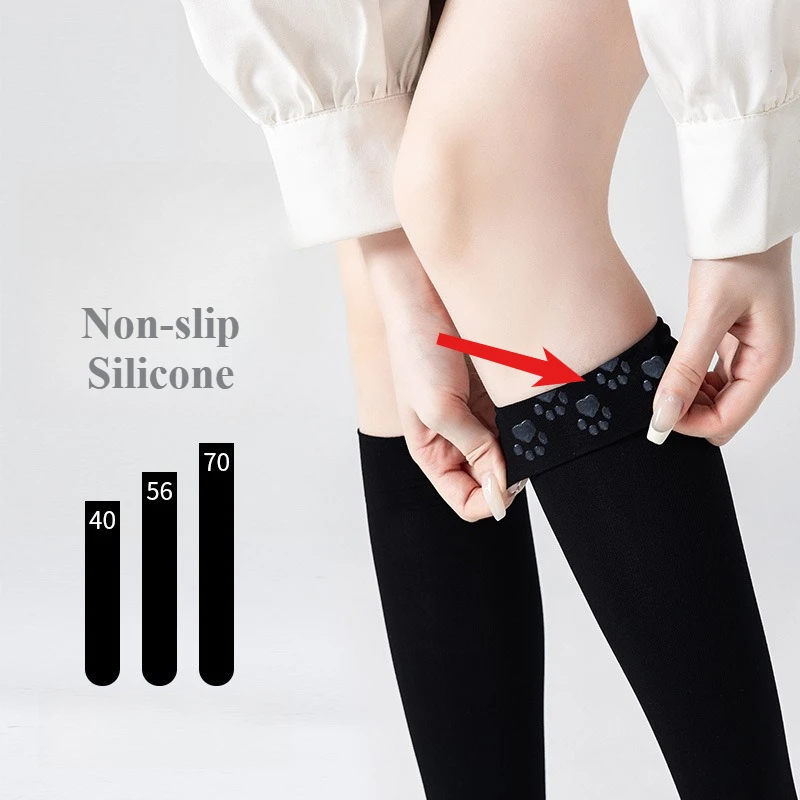 Women's Summer Thin Knee High Socks Korean Fashion Solid Color Cute Cat Paw Silicone Non-Slip Velvet Long Sock Lolita Calf Socks