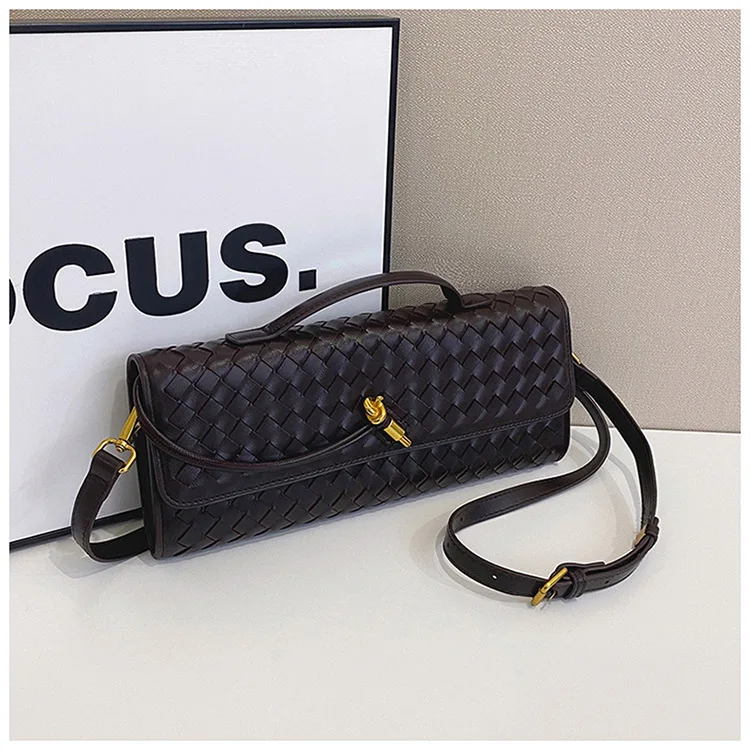 

Trendy Hand-Woven Soft Leather Baguette Bag for Women - 2025 Autumn Winter New, Horizontal Messenger with Organ Design