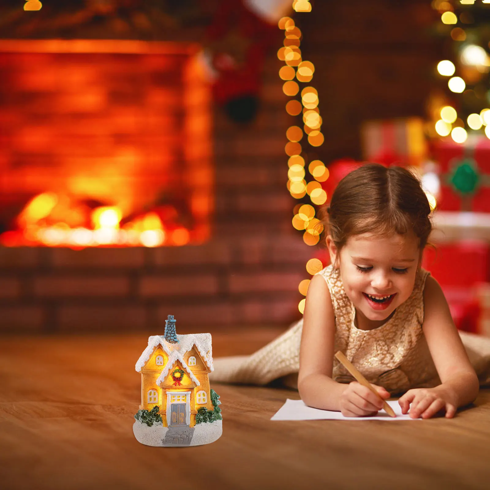 

Christmas Village Luminous Resin Miniature House Xmas Desktop Ornament Christmas Decorations Snow Village Decor