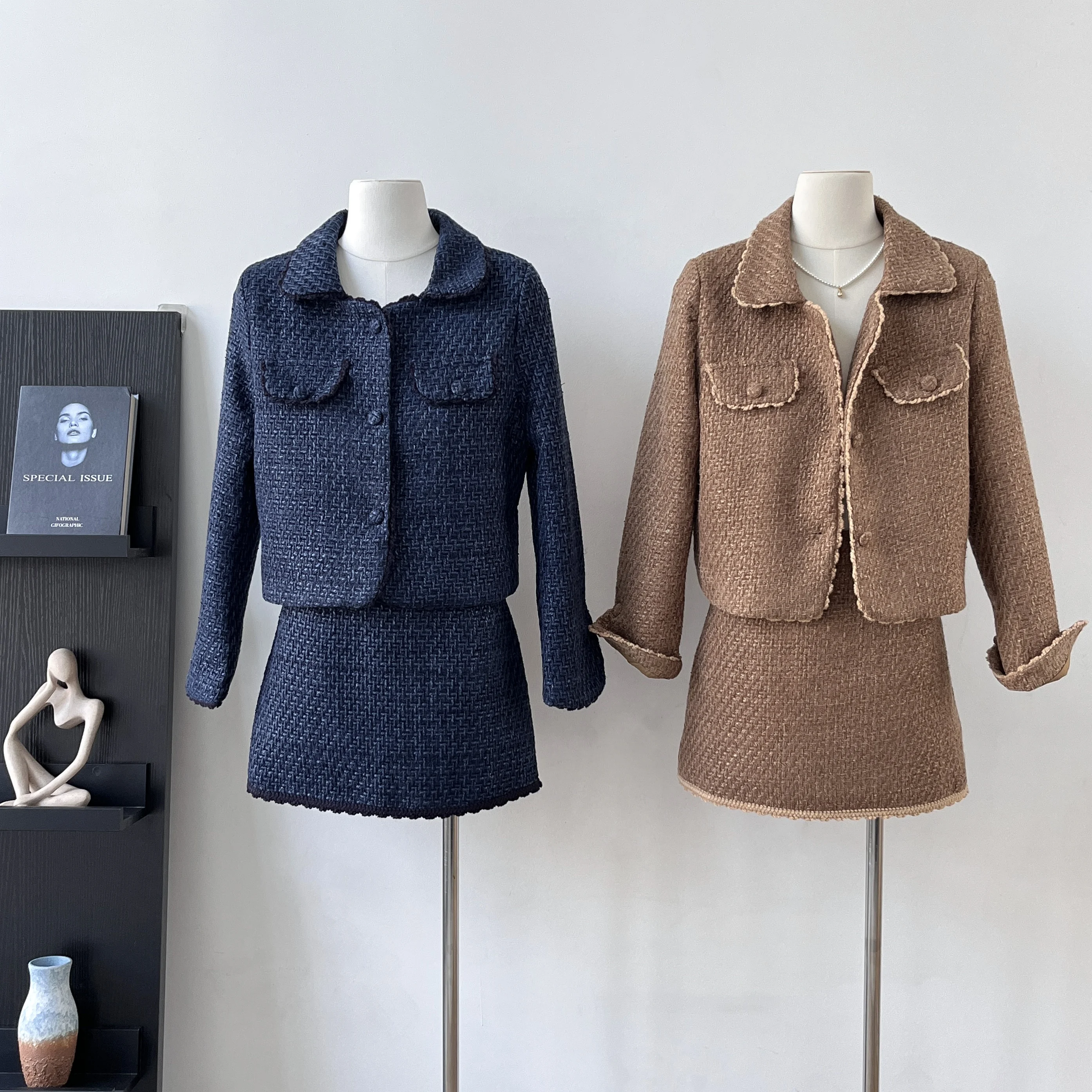 

Socialite Women's Woven Short Suit Jacket Autumn Winter Elegant Coat High-end Office Lady Suit Top A-line Skirt Two-piece Set