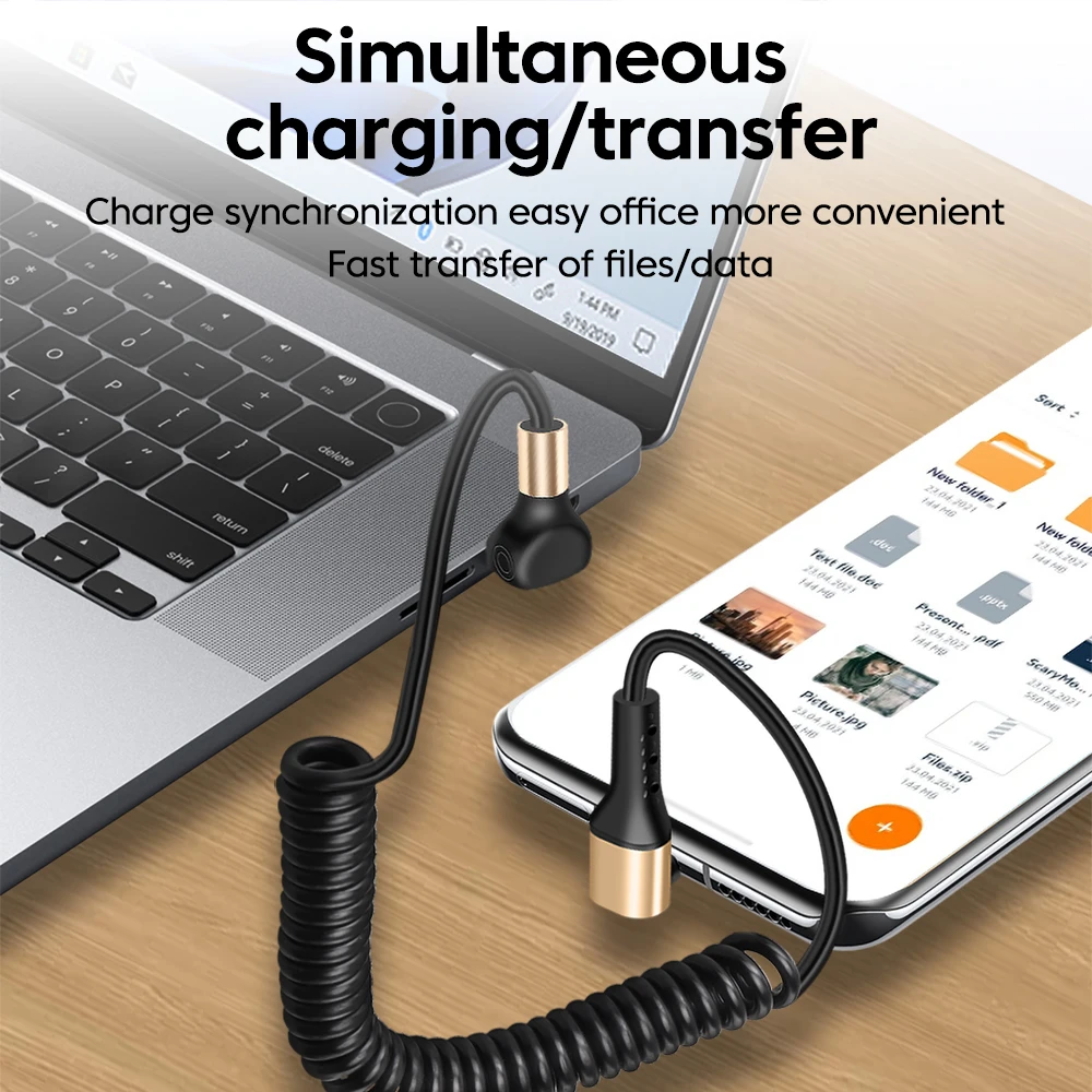 Câble à ressort USB vers Type C, coude à 90 degrés 6A, pour iPhone 15 16, avec Carplay, 1M, rétractable, 66W, USB C, charge rapide, câble de données