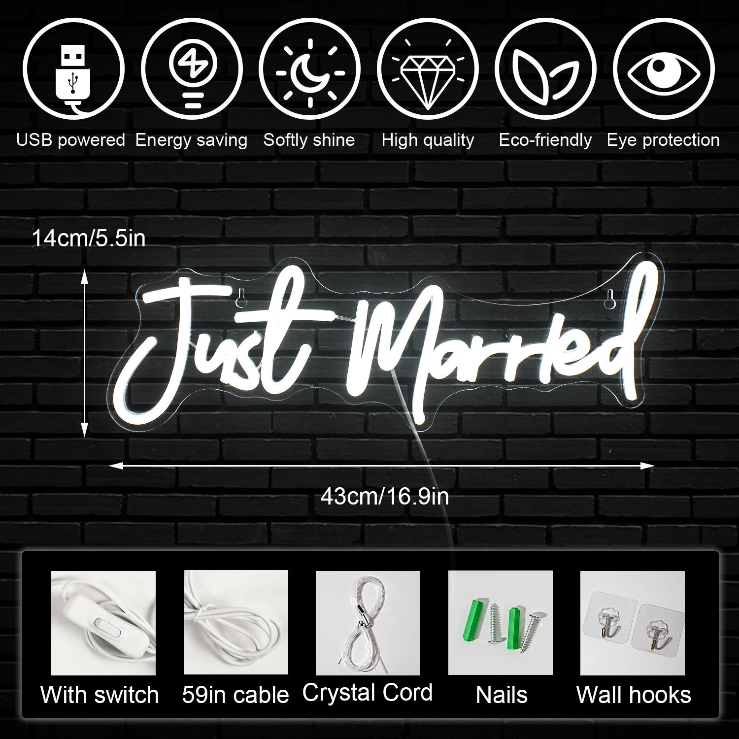 Just Married Neon LED Signs Acrylic Room Decoration USB Powered Lights With Switch For Engagement Wedding Scene Party Art Neon