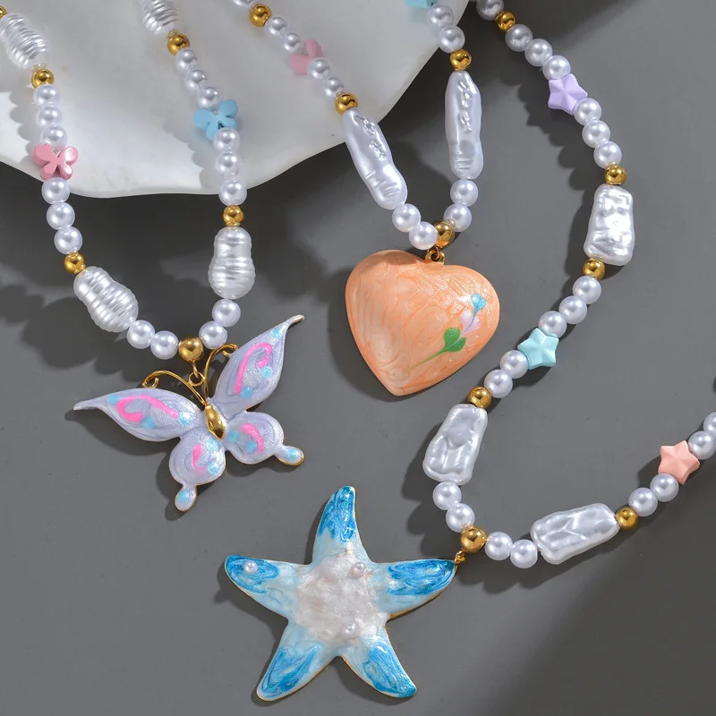 

2025 New Bohemian Color Dripping Oil Butterfly Heart Pendant Pearl Necklace Spring Small Fresh Jewelry Gift