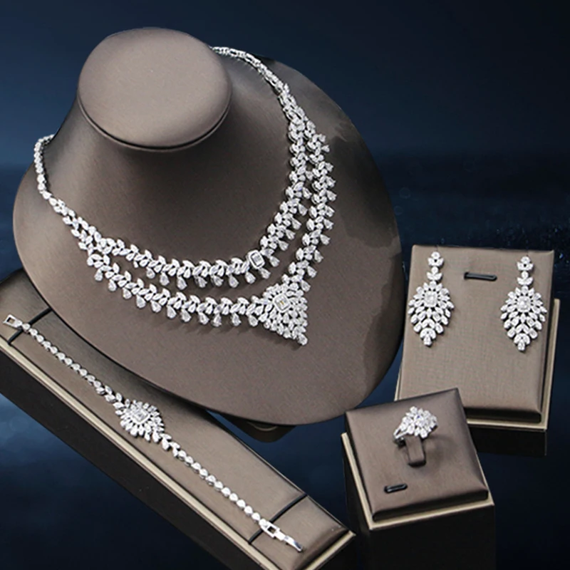 

wedding bride jewelry sets 4pcs white zirconia necklace earrings bracelet ring large flower plant pendant shiny jewelry women