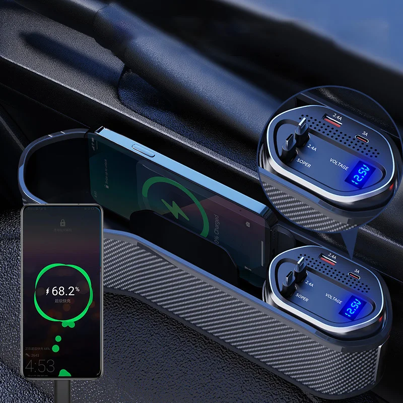 

Universal Car Seat Gap Organizer With Cup Holder Auto Console Side Pocket With Wireless Charging For IOS TypeC Retractable Cable