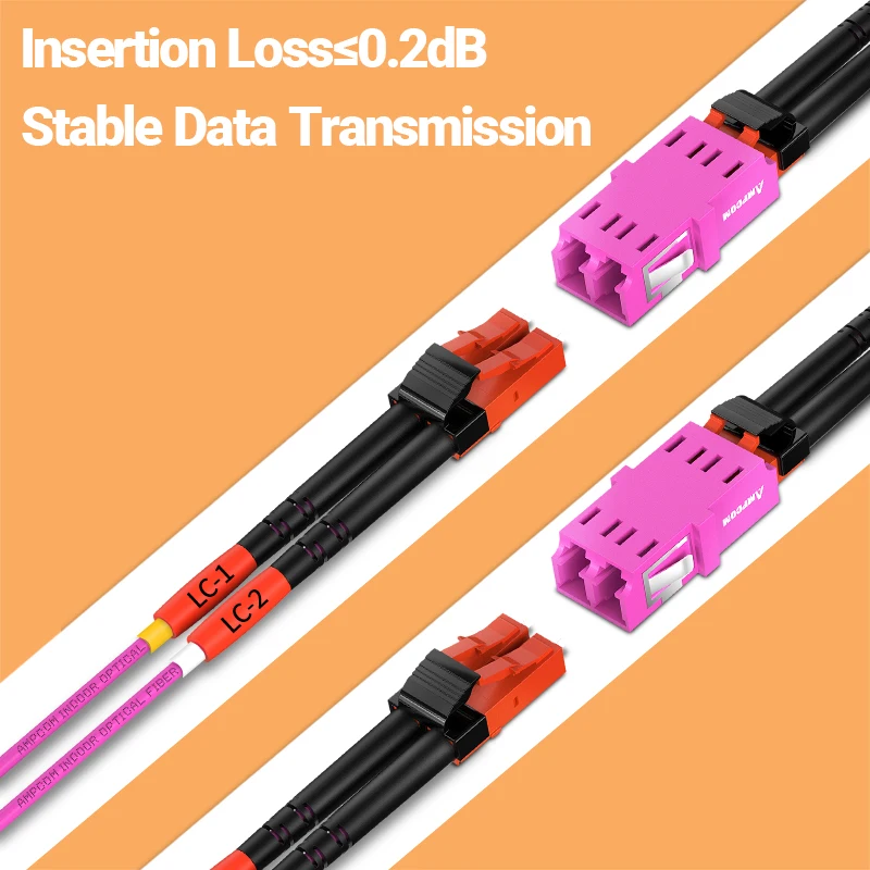 AMPCOM OM4 LC ถึง LC UPC สายแพทช์ไฟเบอร์ออปติก Multimode Duplex MMF 50/125μm 40Gbps Bend Insensitive 2.0 มม. สายไฟเบอร์ออปติก