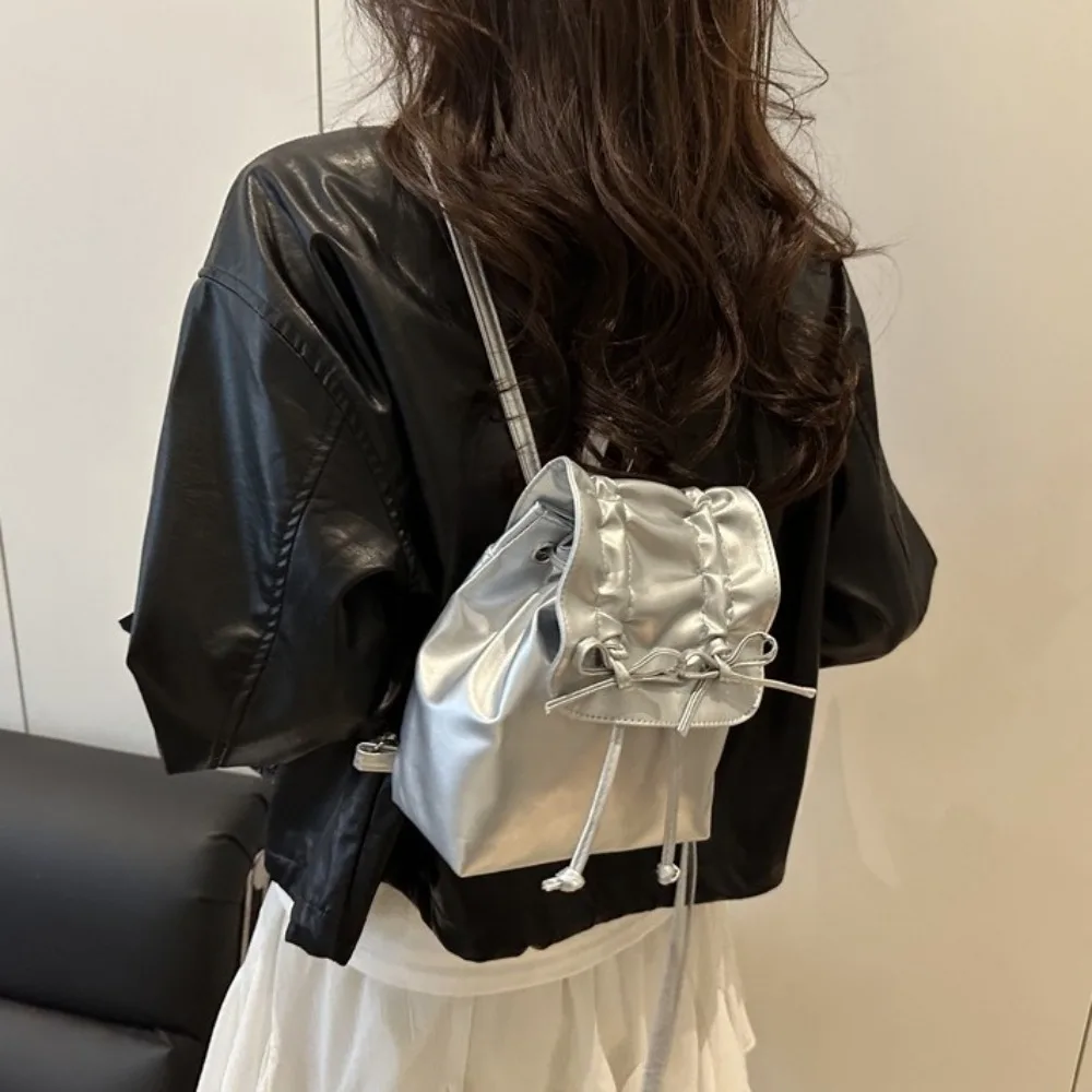 Zaino con fiocco dolce Y2k Zaino in pelle PU tinta unita Stile coreano Borsa da scuola per studenti di grande capacità Studenti