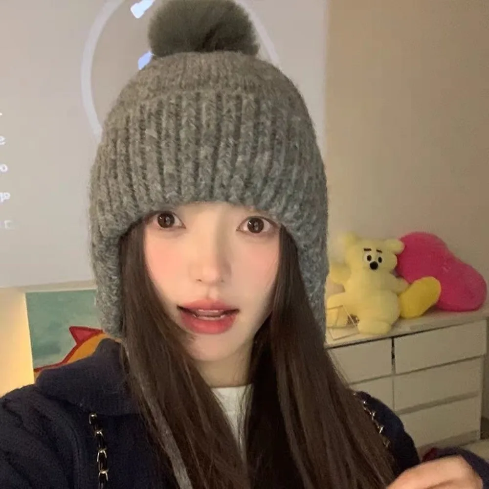 

Fashionable with Wool Ball Knitted Beanie Hat Warm with Ear Flap Earflap Ski Hat Cute Style Bomber Hats Women